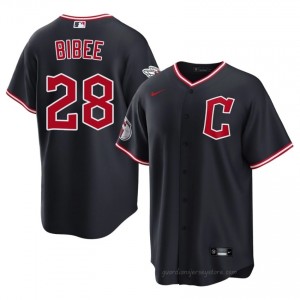 Navy Tanner Bibee #28 Guardians Baseball Stitch Jersey | Limited Men Fit 6reY8541