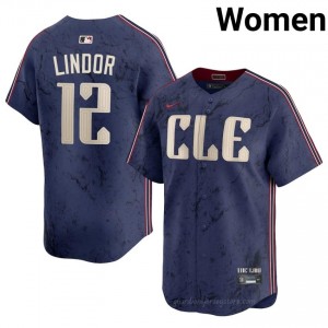 #12 Francisco Lindor Gameday Women City Connect Baseball Jersey | CLE Guardians Navy Fan Gear 815qI538