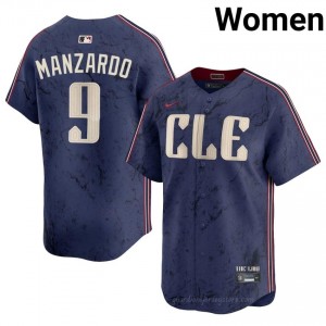 Navy Kyle Manzardo #9 Guardians Baseball City Connect Stitch Jersey | MLB Women Fit G3f3T091