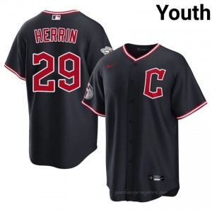 #29 Tim Herrin Gameday Youth Baseball Jersey | CLE Guardians Navy Fan Gear S75R5i64